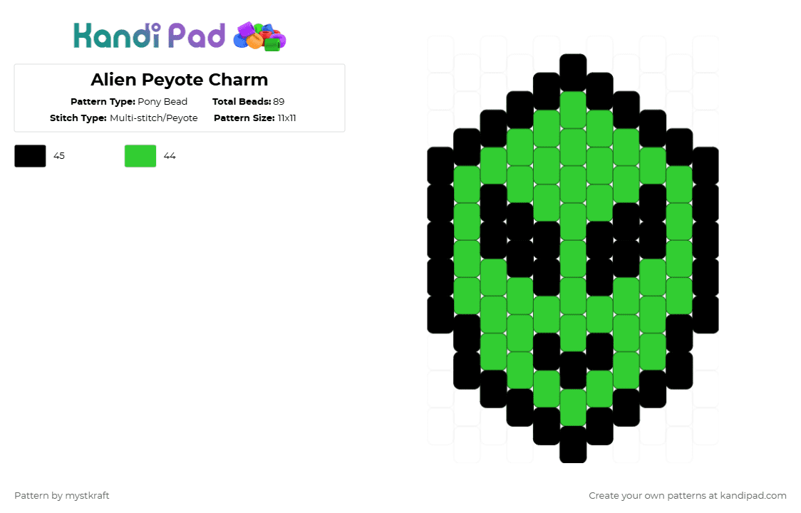 Alien Peyote Charm - Pony Bead Pattern by mystkraft on Kandi Pad - black,green