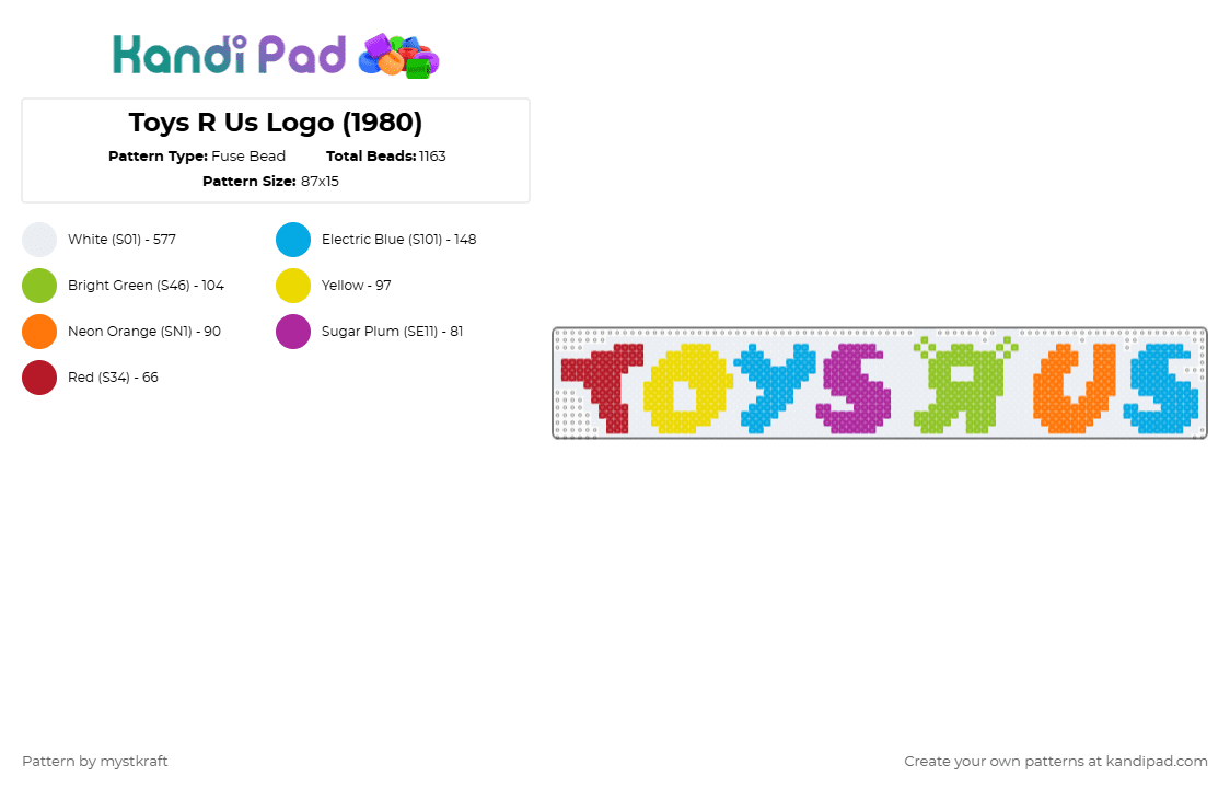 Toys R Us Logo (1980) - Fuse Bead Pattern by mystkraft on Kandi Pad - white,light blue,green,colorful