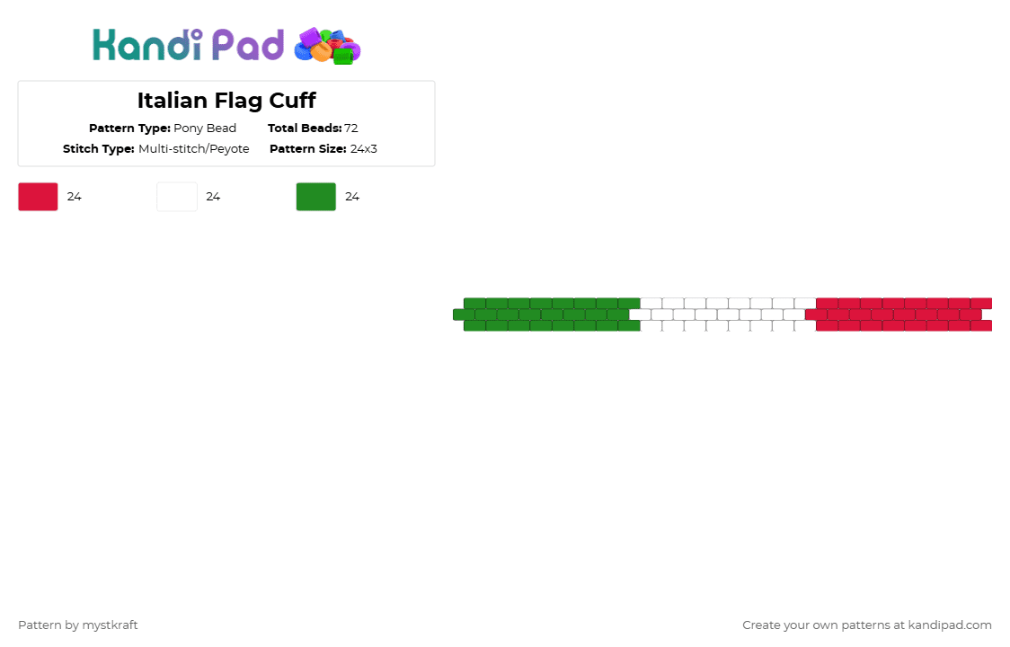 Italian Flag Cuff - Pony Bead Pattern by mystkraft on Kandi Pad - red,green
