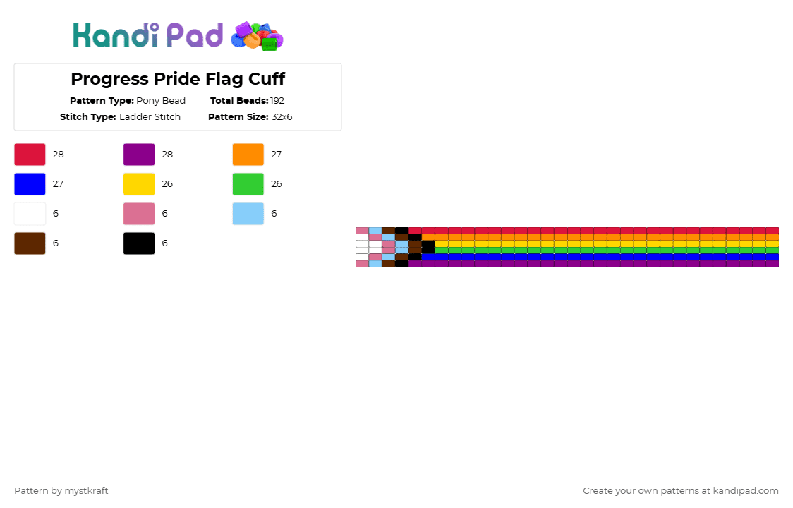 Progress Pride Flag Cuff - Pony Bead Pattern by mystkraft on Kandi Pad - pink,orange,green,colorful