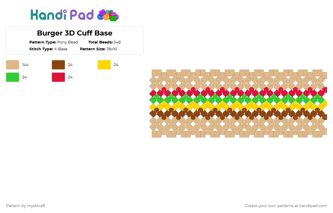 Burger 3D Cuff Base - Pony Bead Pattern by mystkraft on Kandi Pad - beige,red
