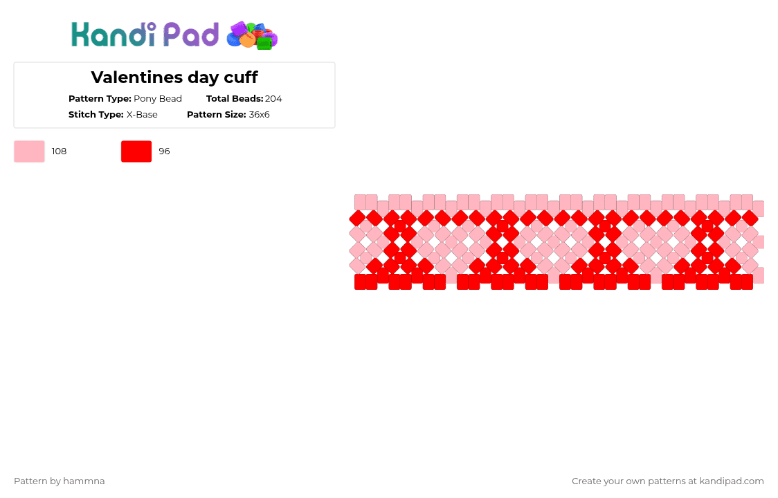 Valentines day cuff - Pony Bead Pattern by hammna on Kandi Pad - pink,red