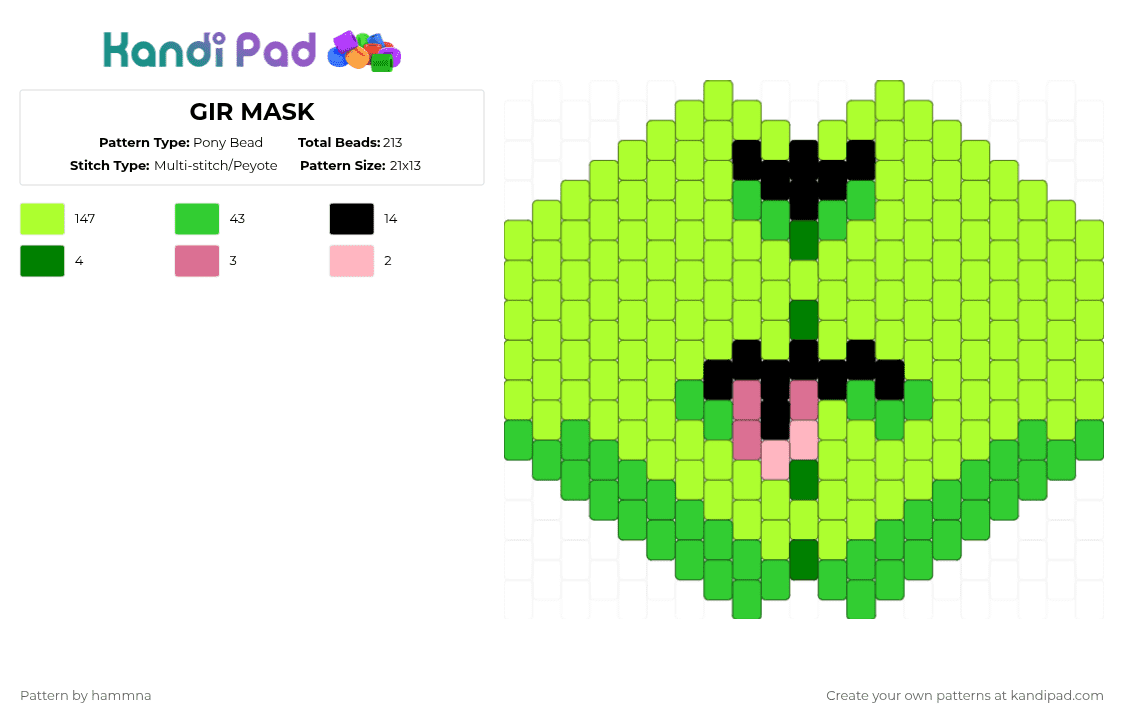 GIR MASK - Pony Bead Pattern by hammna on Kandi Pad - green