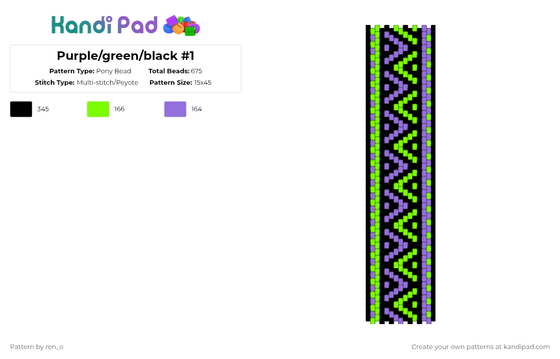 Purple/green/black #1 - Pony Bead Pattern by ren_o on Kandi Pad - green,purple