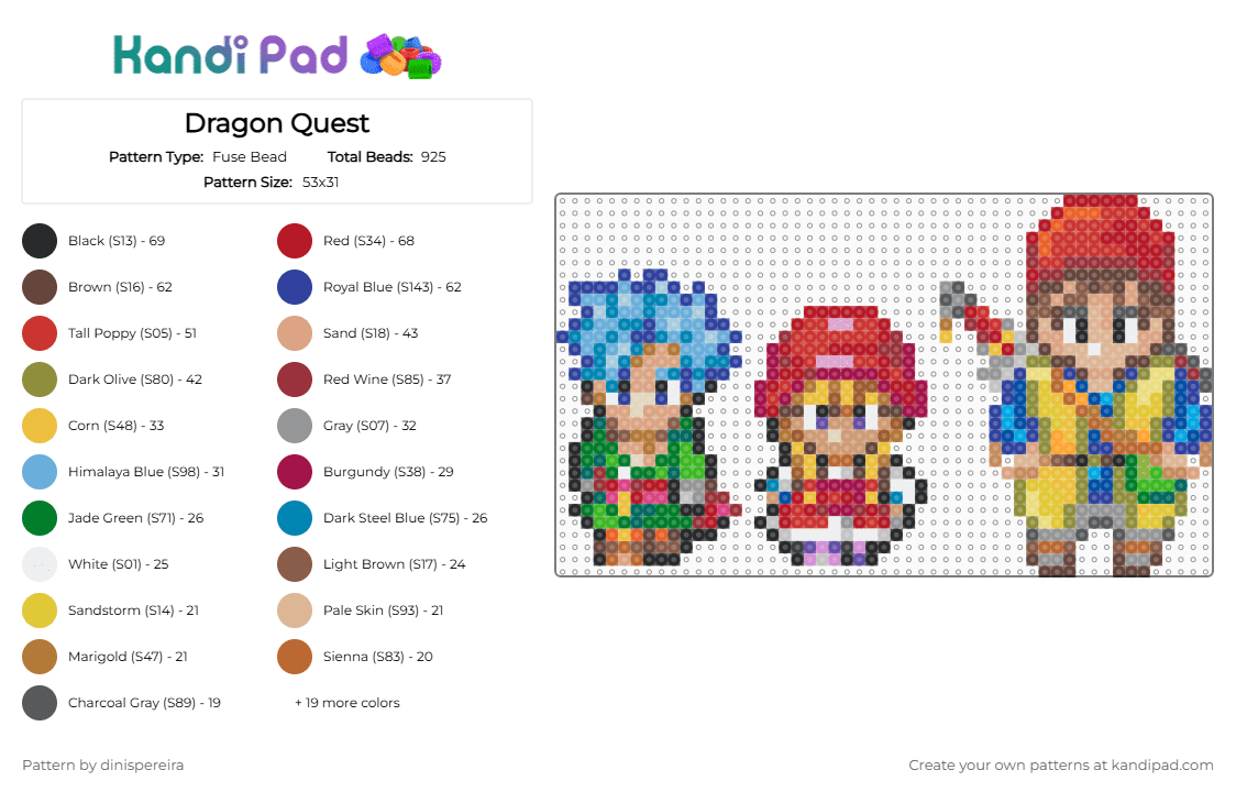 Dragon Quest - Fuse Bead Pattern by dinispereira on Kandi Pad - tan,yellow,light blue,red,colorful