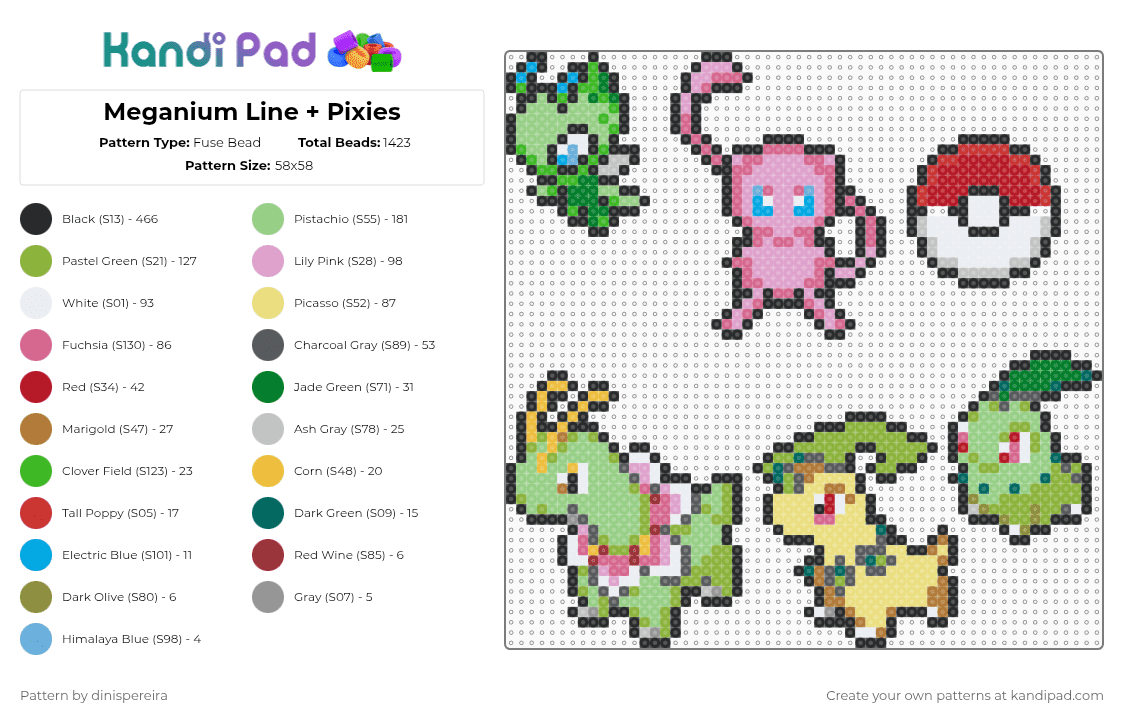 Meganium Line + Pixies - Fuse Bead Pattern by dinispereira on Kandi Pad - meganium,pokemon,evolution,character,plant,gaming,video game,green,teal,yellow,pink,david