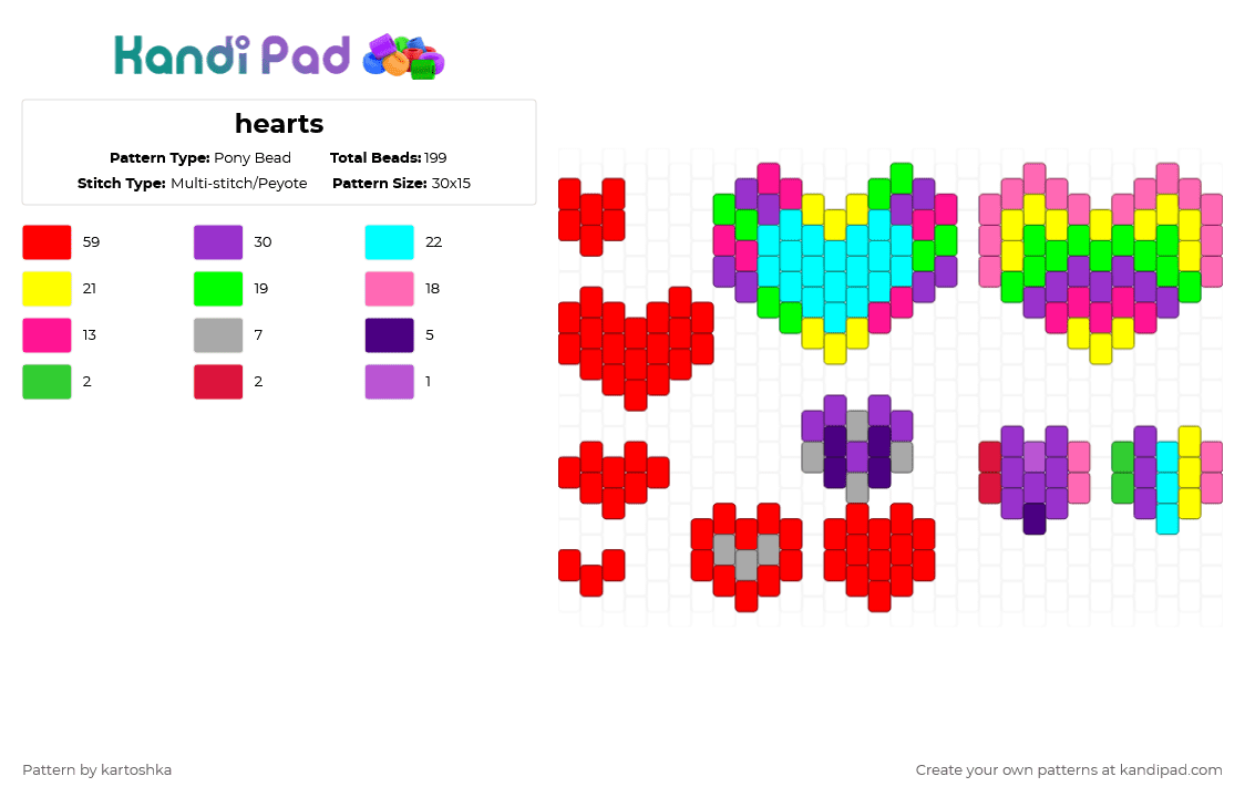 hearts - Pony Bead Pattern by kartoshka on Kandi Pad - red,pink,purple