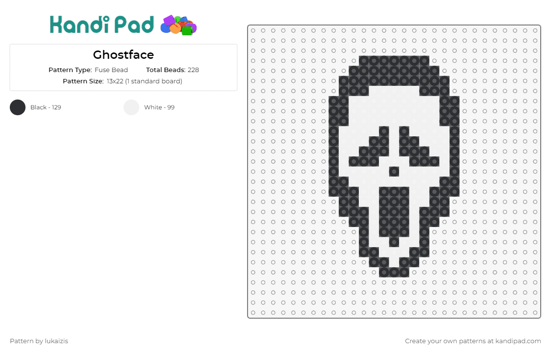 Ghostface - Fuse Bead Pattern by lukaizis on Kandi Pad - ghost face,scream,horror,halloween,spooky,movie,thriller,mask,silhouette,black,white