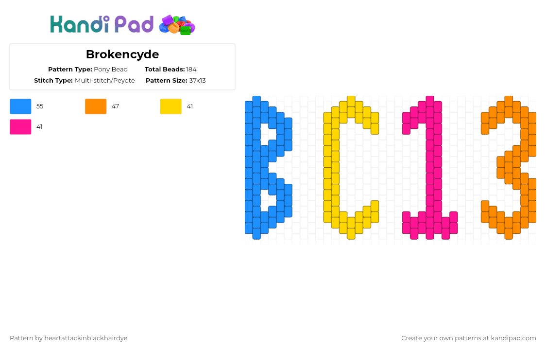 Brokencyde - Pony Bead Pattern by heartattackinblackhairdye on Kandi Pad - light blue,orange,brokencyde,scene,bc13,guiltypleasure,crunkcore,emo,scenemo