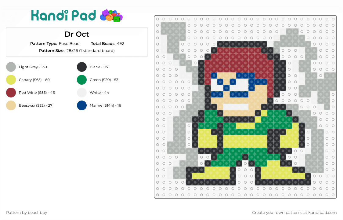 Dr Oct - Fuse Bead Pattern by bead_boy on Kandi Pad - doctor octopus,spiderman,super villain,marvel,adversary,character,comic,green,yellow