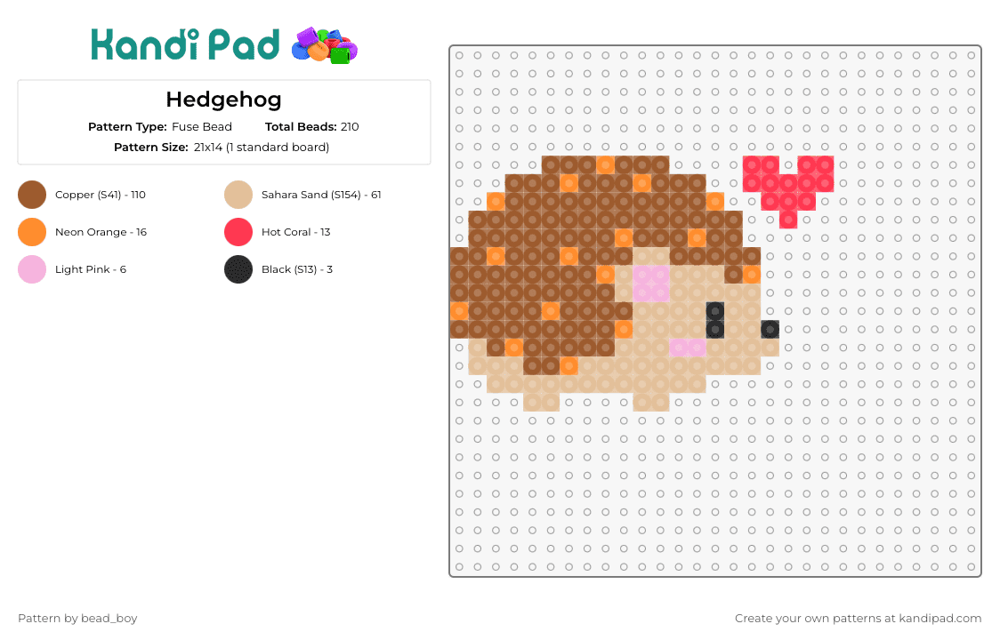 Hedgehog - Fuse Bead Pattern by bead_boy on Kandi Pad - hedgehog,porcupine,heart,cute,love,animal,affectionate,charming,beige,brown