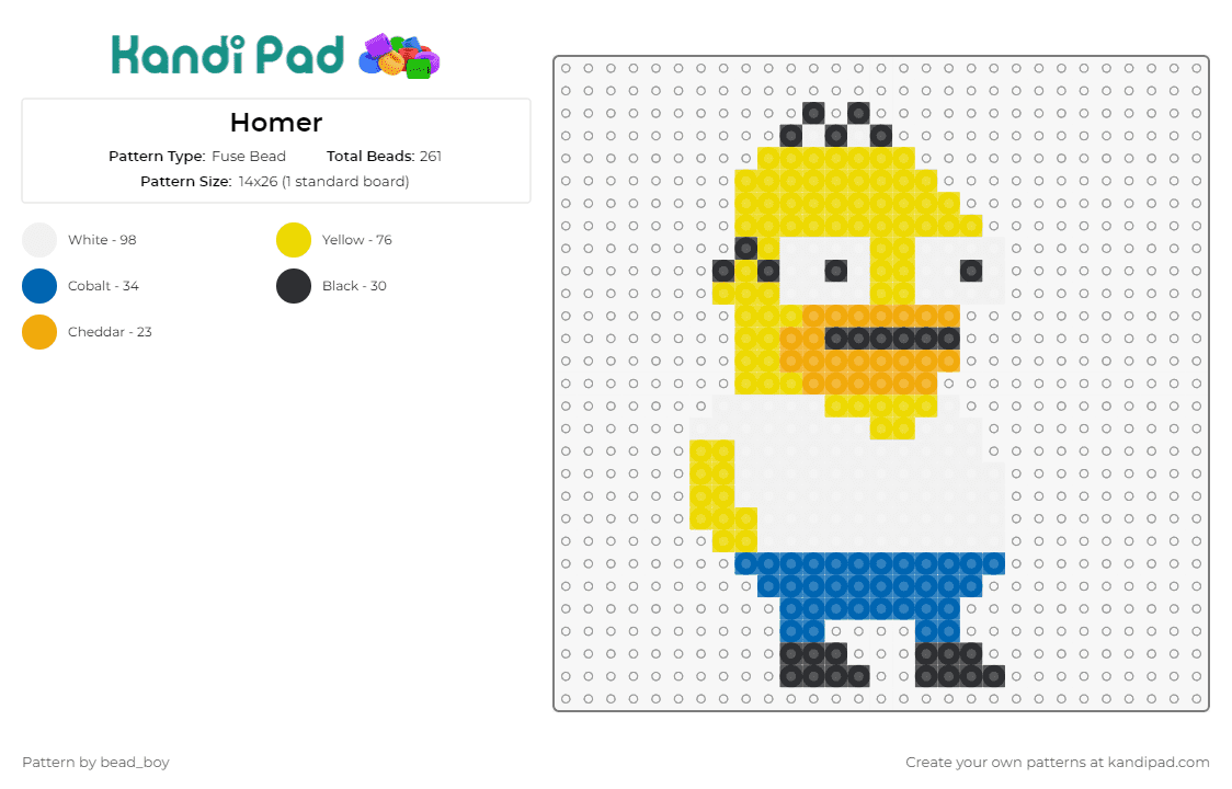 Homer - Fuse Bead Pattern by bead_boy on Kandi Pad - homer simpson,the simpsons,cartoon,sitcom,animation,iconic,funny,yellow,white