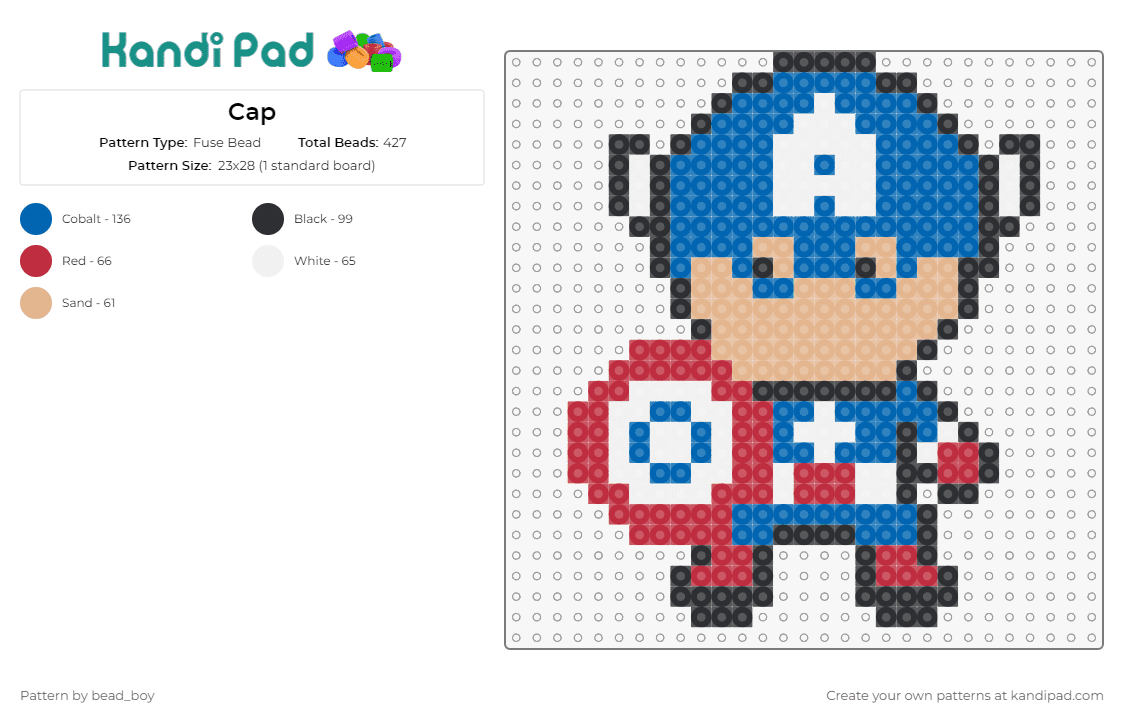 Cap - Fuse Bead Pattern by bead_boy on Kandi Pad - captain america,marvel,superhero,avengers,shield,patriotism,blue,red