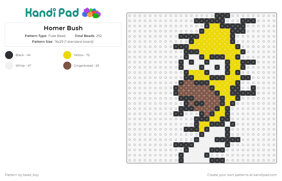 Homer Bush - Fuse Bead Pattern by bead_boy on Kandi Pad - homer simpson,the simpsons,meme,animated,humor,tv show,bush,character,yellow
