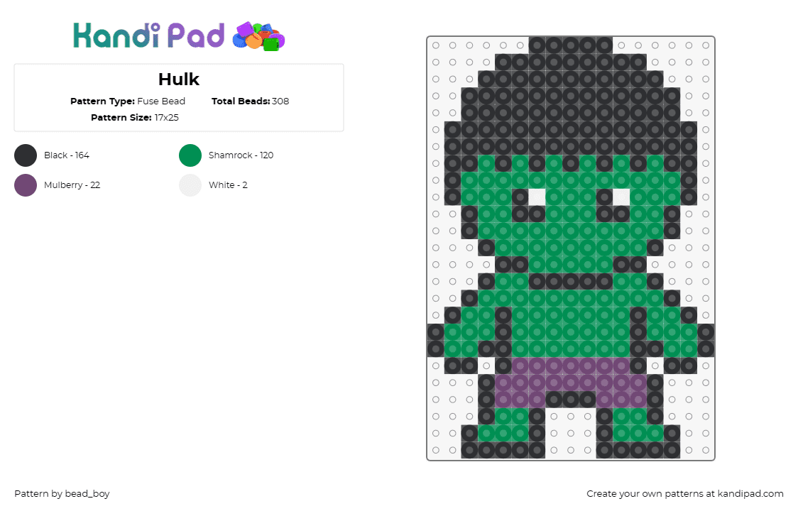 Hulk - Fuse Bead Pattern by bead_boy on Kandi Pad - hulk,marvel,superhero,avengers,strength,comic,green