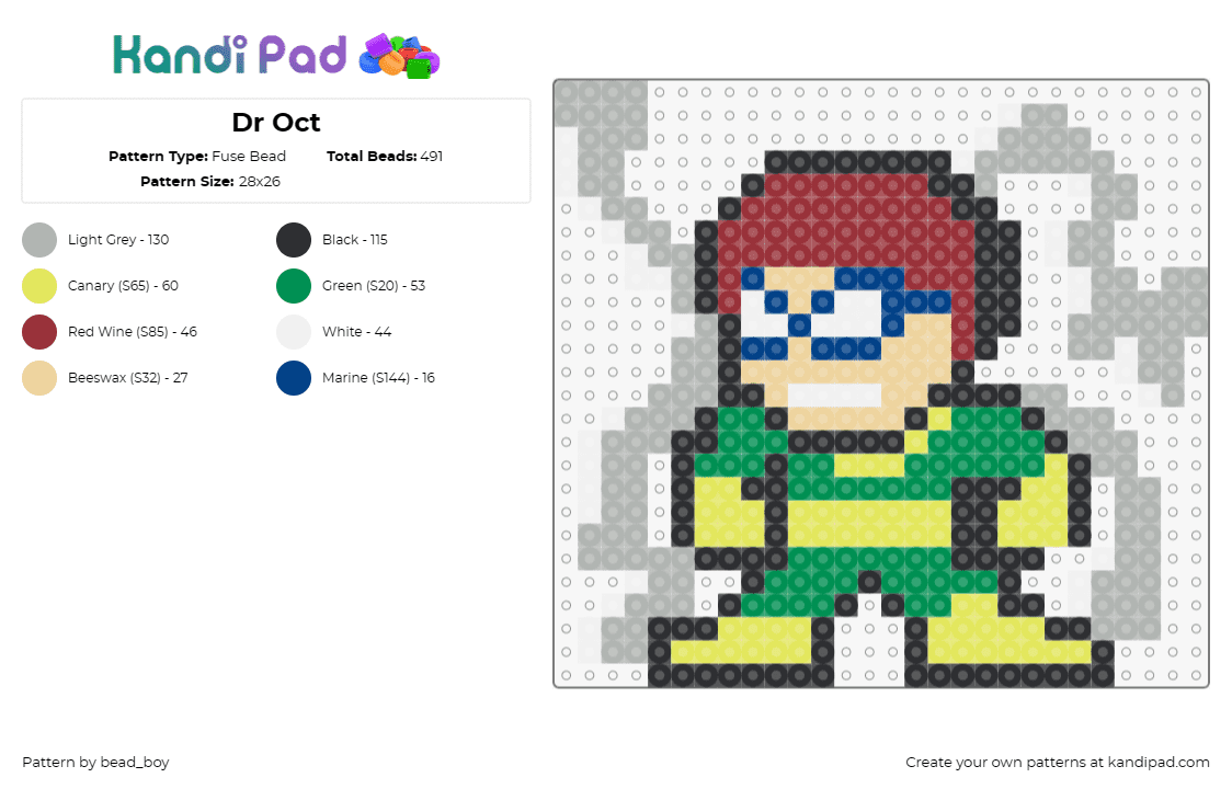 Dr Oct - Fuse Bead Pattern by bead_boy on Kandi Pad - doctor octopus,spiderman,super villain,marvel,adversary,character,comic,green,ye