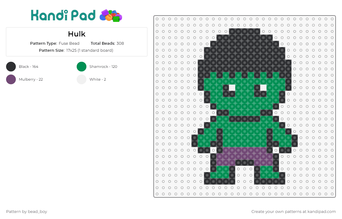 Hulk - Fuse Bead Pattern by bead_boy on Kandi Pad - hulk,marvel,superhero,avengers,strength,comic,green