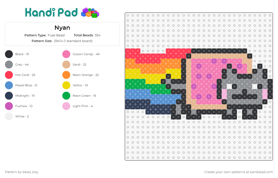 Nyan - Fuse Bead Pattern by bead_boy on Kandi Pad - nyan cat,meme,viral,whimsical,pop culture,rainbow,playful,gray,pink