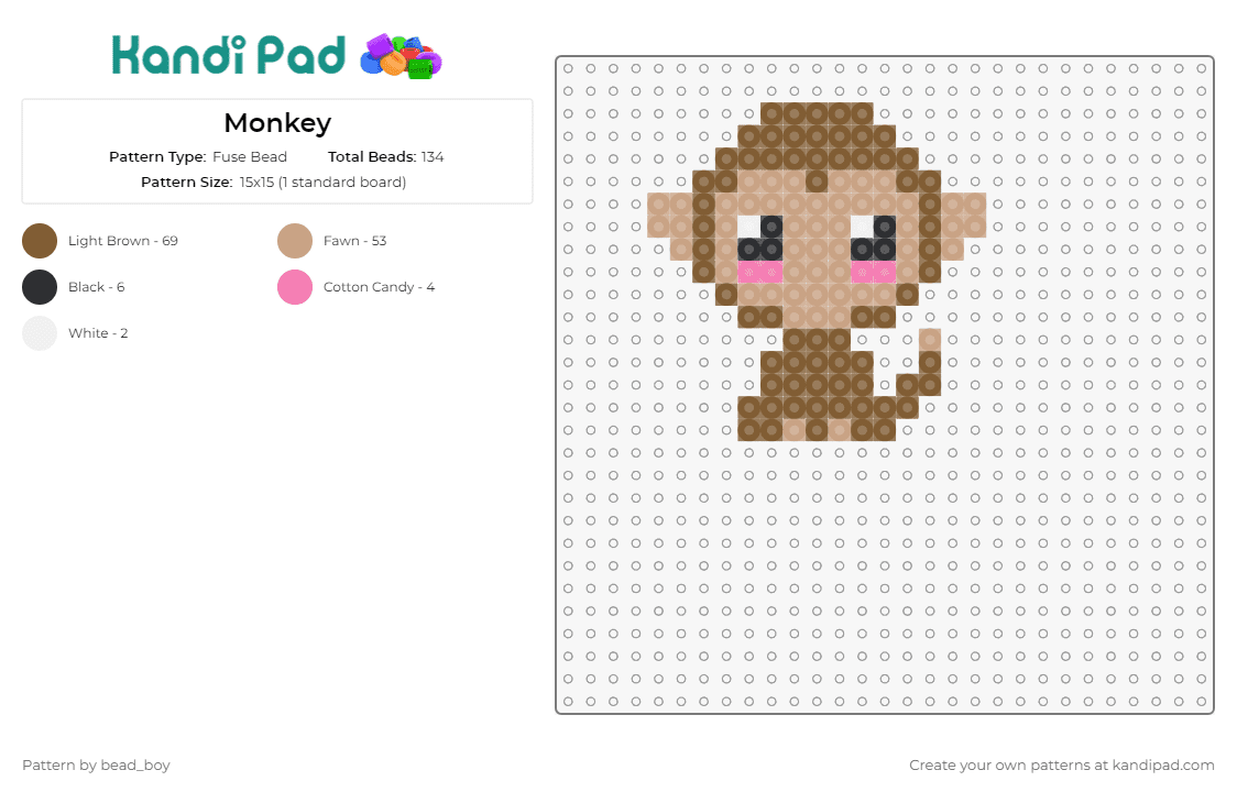 Monkey - Fuse Bead Pattern by bead_boy on Kandi Pad - monkey,cute,animal,playful,expressive,charming,whimsical,creation,delightful,brown