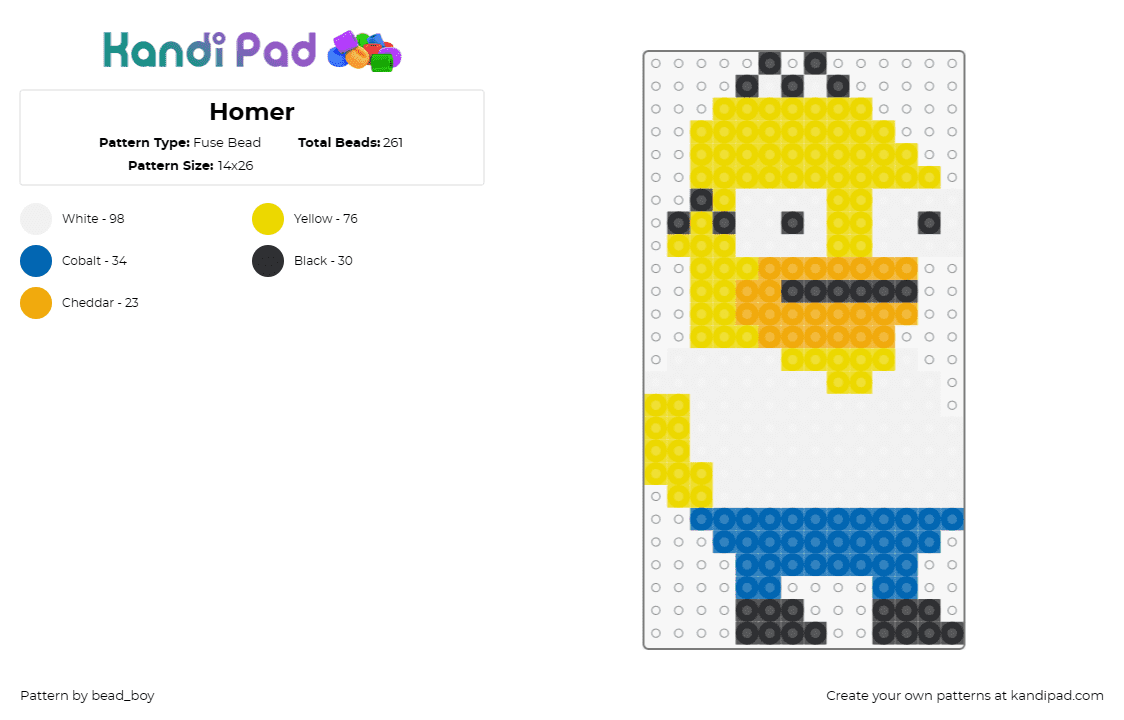 Homer - Fuse Bead Pattern by bead_boy on Kandi Pad - homer simpson,the simpsons,cartoon,sitcom,animation,funny,yellow,white