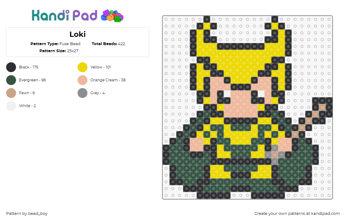 Loki - Fuse Bead Pattern by bead_boy on Kandi Pad - loki,thor,marvel,mythology,god of mischief,charismatic,armor,green,gold,yellow