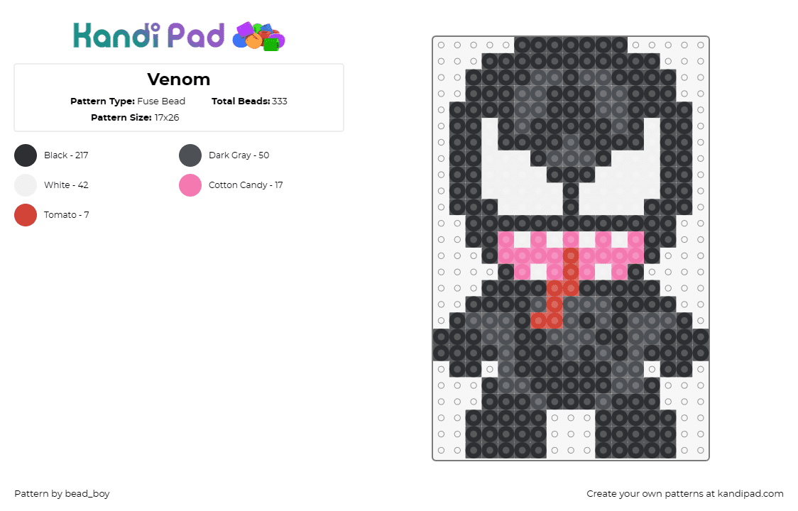 Venom - Fuse Bead Pattern by bead_boy on Kandi Pad - venom,marvel,superhero,comic,villain,menacing,black