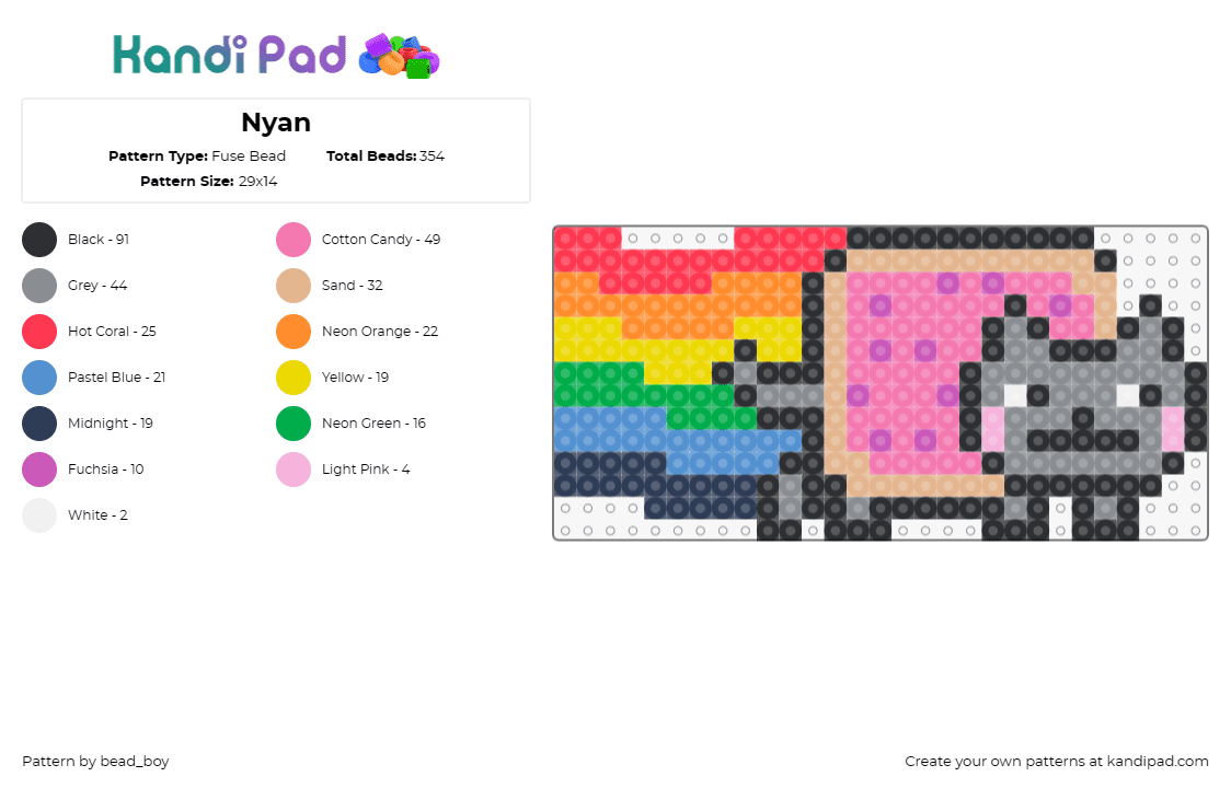 Nyan - Fuse Bead Pattern by bead_boy on Kandi Pad - nyan cat,meme,viral,whimsical,pop culture,rainbow,playful,gray,pink