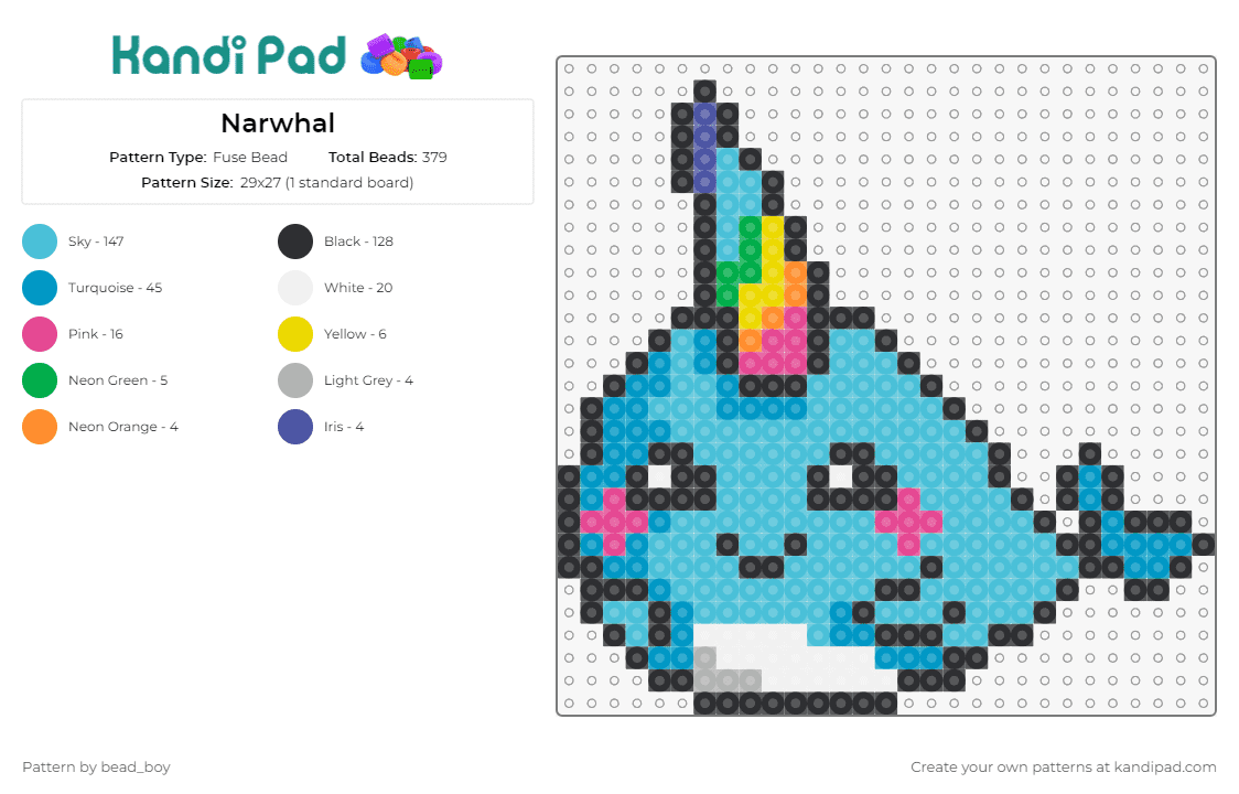 Narwhal - Fuse Bead Pattern by bead_boy on Kandi Pad - narwhal,cute,animal,marine,whimsical,ocean,creature,blue,rainbow