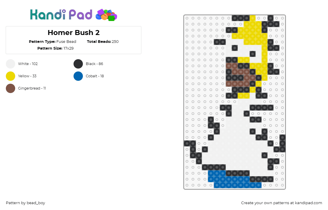 Homer Bush 2 - Fuse Bead Pattern by bead_boy on Kandi Pad - homer simpson,the simpsons,meme,bush,humor,satire,tv show,character,yellow,white