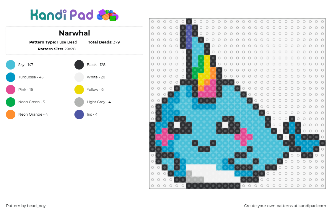 Narwhal - Fuse Bead Pattern by bead_boy on Kandi Pad - narwhal,cute,animal,marine,whimsical,ocean,creature,blue,rainbow