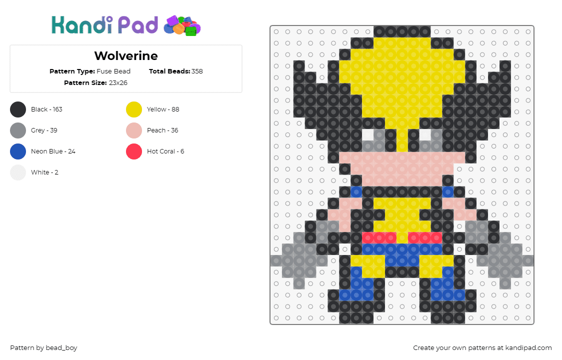 Wolverine - Fuse Bead Pattern by bead_boy on Kandi Pad - wolverine,x men,comic,superhero,marvel,legend,distinct,costume,adamantium,claws,