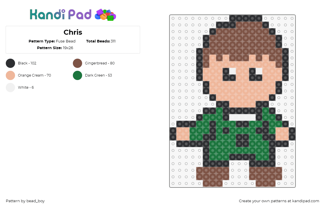 Chris - Fuse Bead Pattern by bead_boy on Kandi Pad - chris kratt,wild kratts,adventurous,animated,spirit,wildlife,explorations,brown,