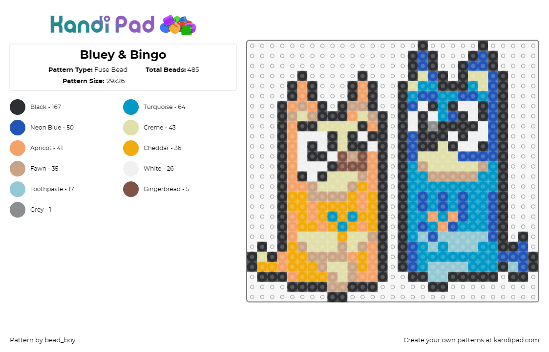 Bluey & Bingo - Fuse Bead Pattern by bead_boy on Kandi Pad - bluey,bingo,kids,cartoon,siblings,animated,playful,orange,blue