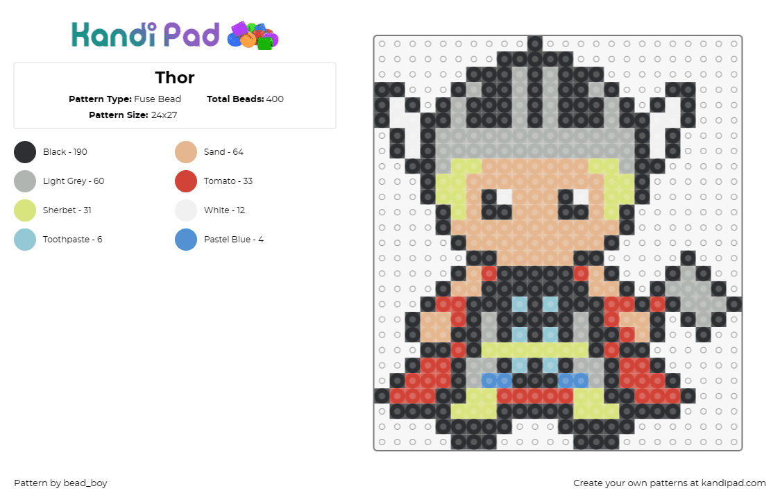 Thor - Fuse Bead Pattern by bead_boy on Kandi Pad - thor,marvel,superhero,avengers,mythology,hammer,godly,gray,red