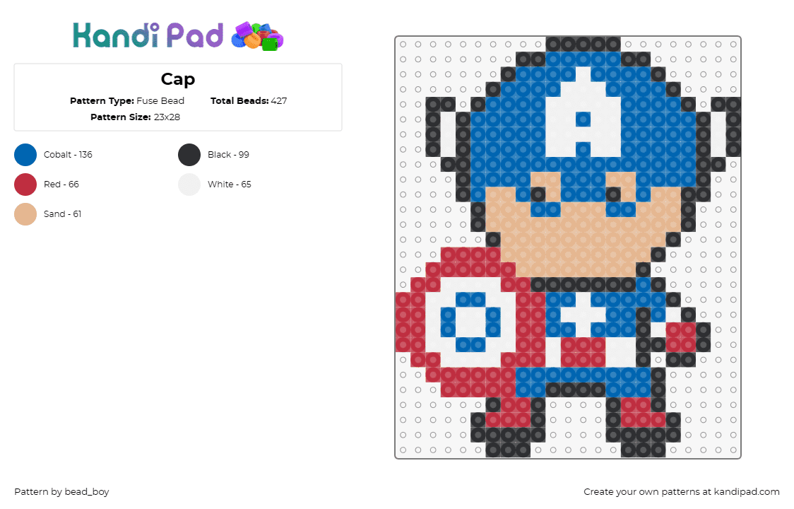 Cap - Fuse Bead Pattern by bead_boy on Kandi Pad - captain america,marvel,superhero,avengers,shield,patriotism,blue,red