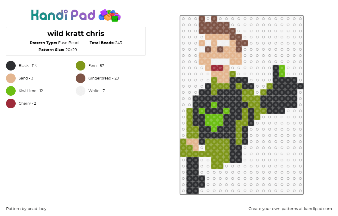 wild kratt chris - Fuse Bead Pattern by bead_boy on Kandi Pad - chris,wild kratts,adventure,wildlife,animated,educational,green