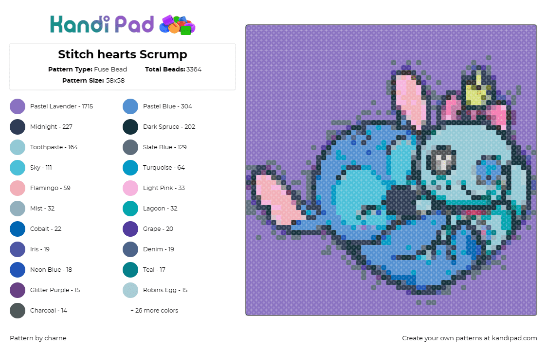 Stitch hearts Scrump - Fuse Bead Pattern by charne on Kandi Pad - stitch,scrump,lilo and stitch,friendship,animated,character,heart,affection,blue