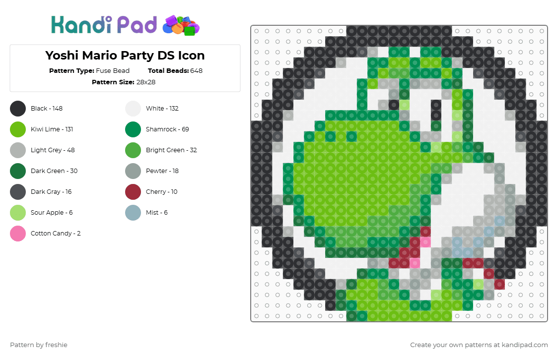Yoshi Mario Party DS Icon - Fuse Bead Pattern by freshie on Kandi Pad - yoshi,mario party,nintendo,character,icon,gaming,video game,green