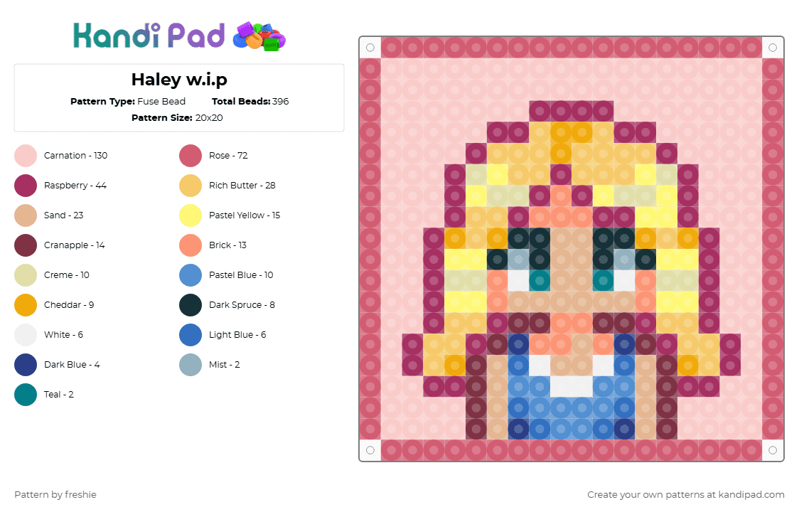 Haley w.i.p - Fuse Bead Pattern by freshie on Kandi Pad - pink,yellow,beige,red