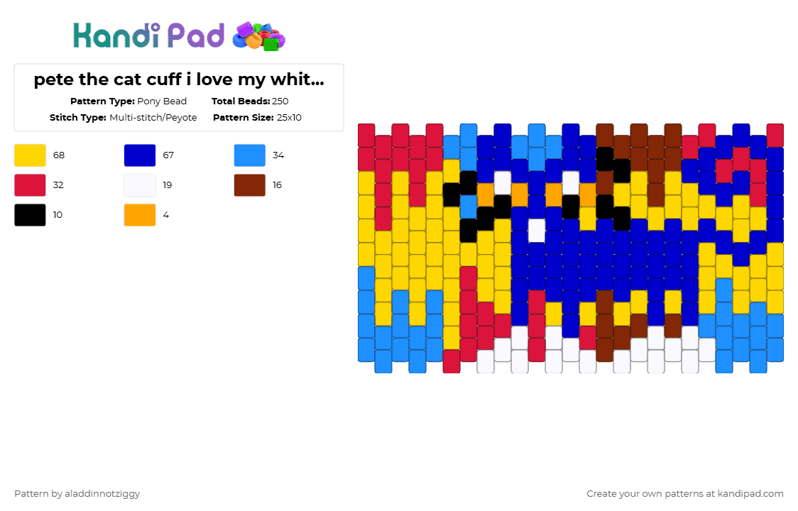 pete the cat cuff i love my white shoes - Pony Bead Pattern by aladdinnotziggy on Kandi Pad - light blue, purple, yellow