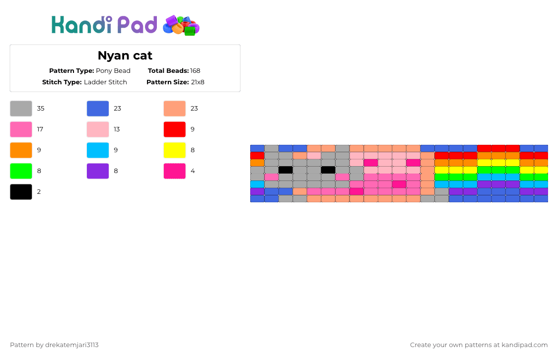 Nyan cat - Pony Bead Pattern by drekatemjari3113 on Kandi Pad - blue,beige,orange,pink,cat,nyan