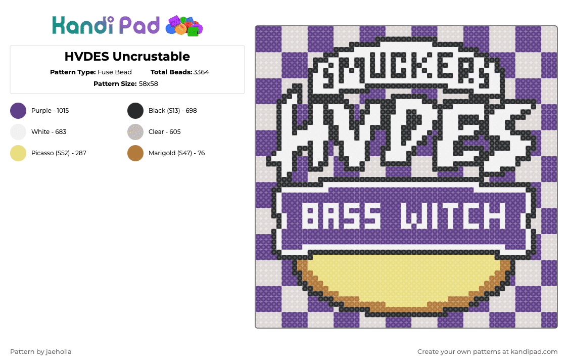 HVDES Uncrustable - Fuse Bead Pattern by jaeholla on Kandi Pad - hvdes,uncrustable,bass witch,smuckers,peanut butter and jelly,dj,edm,music,hades,food,sandwich,lunch,purple,beige