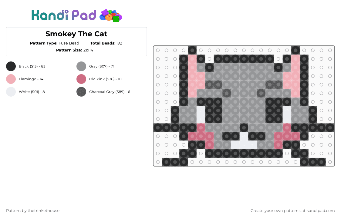 Smokey The Cat - Fuse Bead Pattern by thetrinkethouse on Kandi Pad - gray