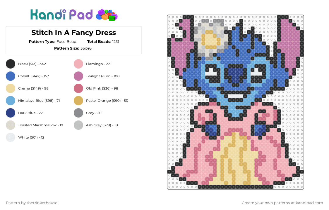 Stitch In A Fancy Dress - Fuse Bead Pattern by thetrinkethouse on Kandi Pad - blue,beige,pink