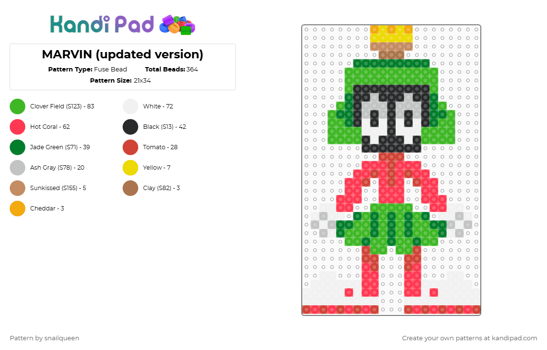 MARVIN (updated version) - Fuse Bead Pattern by snailqueen on Kandi Pad - green,red