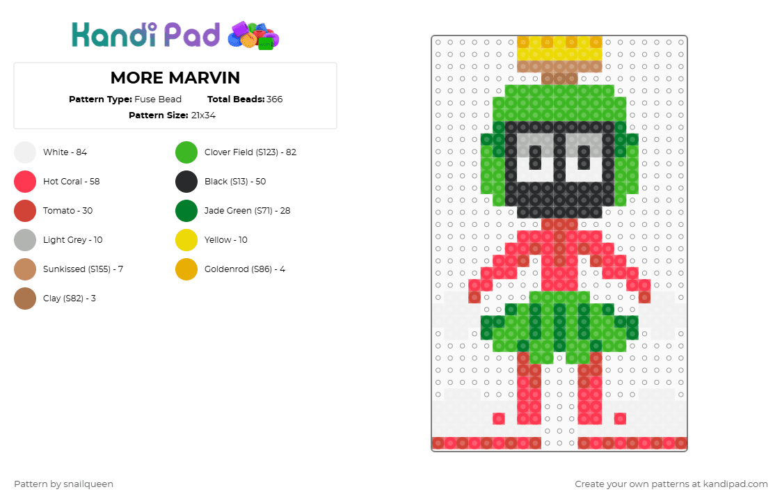 MORE MARVIN - Fuse Bead Pattern by snailqueen on Kandi Pad - marvin the martian,looney tunes,character,retro,nostalgia,marvin,alien,cartoon,space,warner bros,scifi,green,red