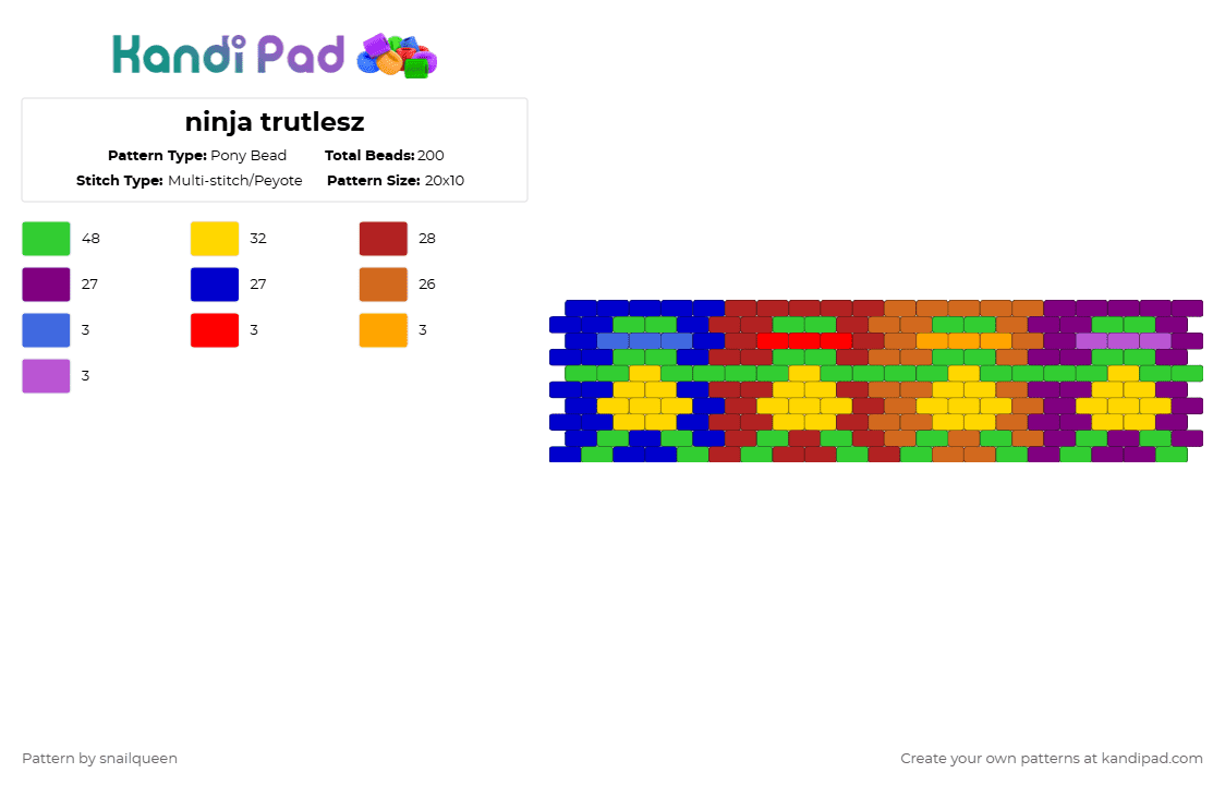 ninja trutlesz - Pony Bead Pattern by snailqueen on Kandi Pad - green,red,pink,colorful