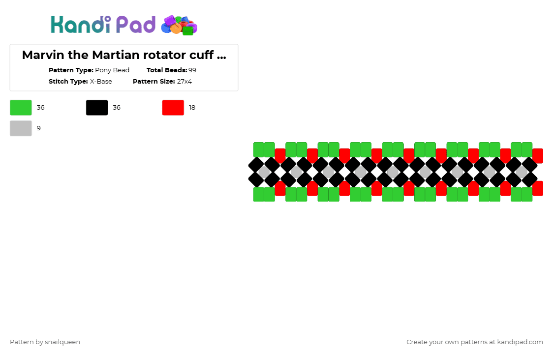 Marvin the Martian rotator cuff pt 1 - Pony Bead Pattern by snailqueen on Kandi Pad - green