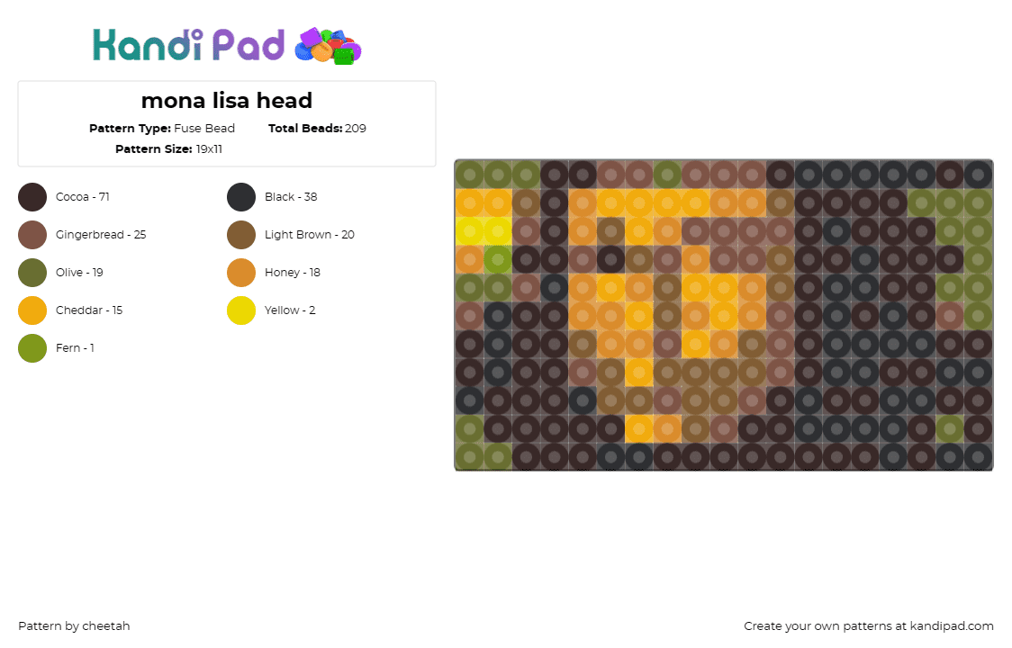 mona lisa head - Fuse Bead Pattern by cheetah on Kandi Pad - mona lisa,painting,classic,art,masterpiece,historical,portrait,brown