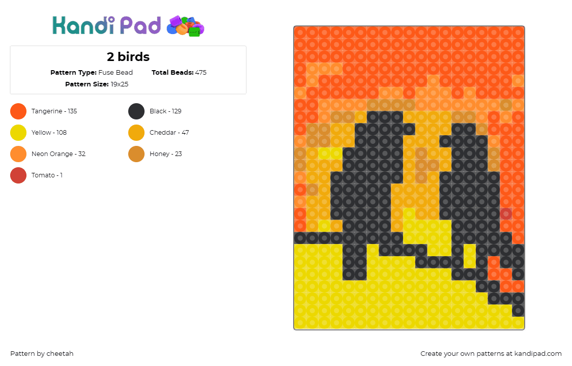 2 birds - Fuse Bead Pattern by cheetah on Kandi Pad - birds,sunset,animals,silhouette,tranquil,serene,dusk,nature,sky,orange,yellow